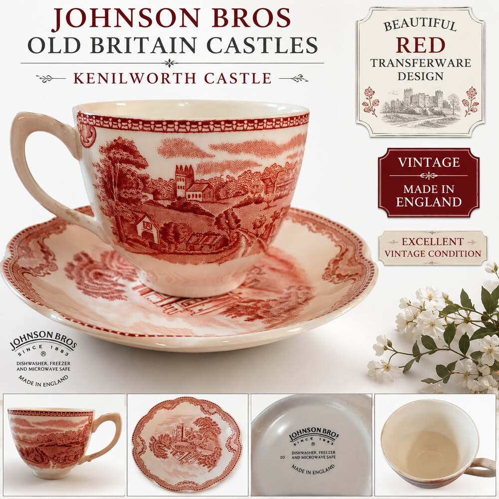 Johnson Bros Old Britain Castles Red Tea Cup & Saucer Kenilworth Castle England